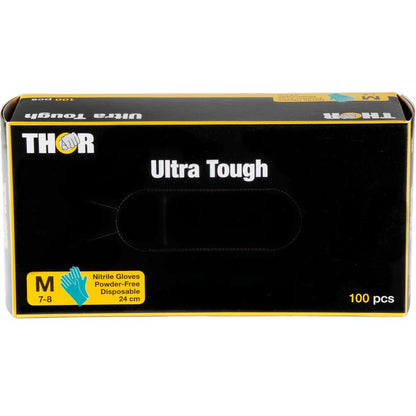 A green box labeled "Thor Ultra Tough" from Abena Re-Seller GmbH contains 100 medium-sized, powder-free disposable nitrile gloves (24 cm) - the durable product is ideal for outdoor activities.