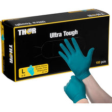 A hand is putting on a green nitrile glove in front of a black-and-yellow "Thor Ultra Tough, Green" box from Abena Re-Seller GmbH—powder-free disposable gloves, size L (100 pieces), ideal for demanding tasks and outdoor activities.