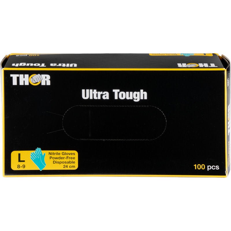 A green box labeled "Thor Ultra Tough" from Abena Re-Seller GmbH contains 100 large, powder-free disposable nitrile gloves (size 8-9, 24 cm) - ideal for outdoor activities. Next to the size indication, a blue glove illustration appears.