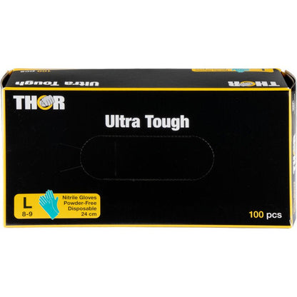 A green box labeled "Thor Ultra Tough" from Abena Re-Seller GmbH contains 100 large, powder-free disposable nitrile gloves (size 8-9, 24 cm) - ideal for outdoor activities. Next to the size indication, a blue glove illustration appears.