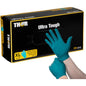 A person puts on a green nitrile glove in front of a black-yellow "Thor Ultra Tough, Green" box from Abena Re-Seller GmbH, indicating this robust product, ideal for outdoor activities and tasks requiring strong protection.