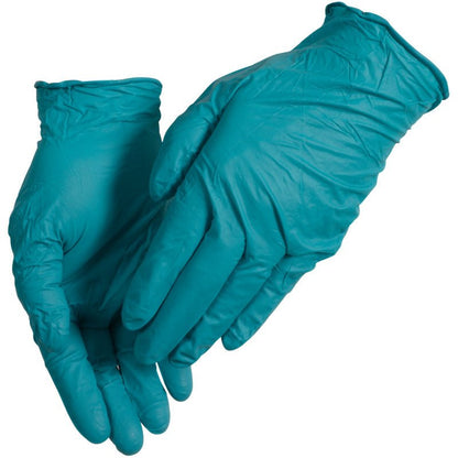 A pair of green Thor Ultra Tough disposable nitrile gloves from Abena Re-Seller GmbH overlap with the palm facing up on a white background - ideal for outdoor activities and designed as a durable product.