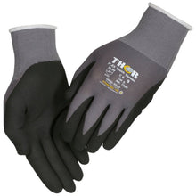A pair of gray and black Thor Flex work gloves from Abena Re-Seller GmbH, featuring the "THOR" logo and safety certifications printed on one glove, shown against a white background.