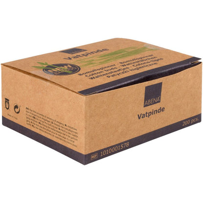 A brown cardboard box labeled "Abena Re-Seller GmbH" contains 200 sustainable cotton swabs (7.5 cm) made of bamboo and cotton. The package is decorated with green plants and is ideal for environmentally conscious users.