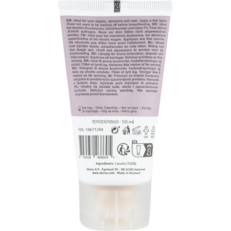 Backside of a 50 ml tube Abena Re-Seller GmbH Repair Cream, 100% Lanolin, unscented; with multilingual text, usage and recycling information, quality symbols, barcode, batch code, ingredients. Made in Denmark. Available in box (6 packs).