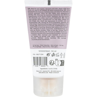 Backside of a 50 ml tube Abena Re-Seller GmbH Repair Cream, 100% Lanolin, unscented; with multilingual text, usage and recycling information, quality symbols, barcode, batch code, ingredients. Made in Denmark. Available in box (6 packs).