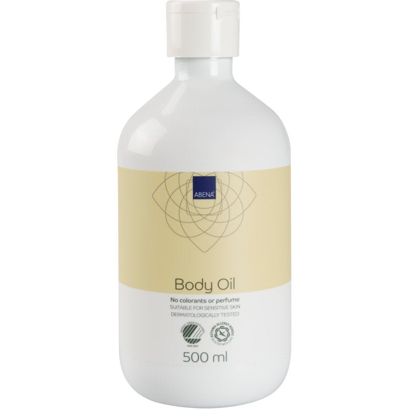White 500 ml plastic bottle labeled "Skin Care Oil" by Abena Re-Seller GmbH, free from dyes and perfume, made with natural ingredients and ideal for sensitive skin; available as a carton with 6 packs.