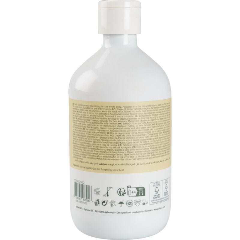 A white plastic bottle of Abena Re-Seller GmbH Skin Care Oil (500 ml) with a white cap is shown from the back, displaying product information, natural ingredients, and multilingual instructions - ideal for daily skin care. At the bottom edge of the label, there are icons.