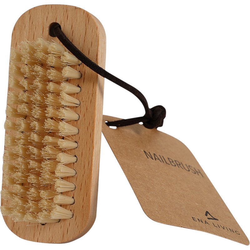 The ENA Living nail brush, beech (24 pieces) from Abena Re-Seller GmbH features stiff bristles, a brown cord loop, and a "NAILBRUSH" tag - ideal for nail care and cleaning nails.