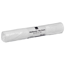 A white roll of Abena Re-Seller GmbH garbage bags 65 L (630x850 mm, 13 my LDPE), unused and tightly packed, contains 40 bags per roll - ideal for waste disposal.