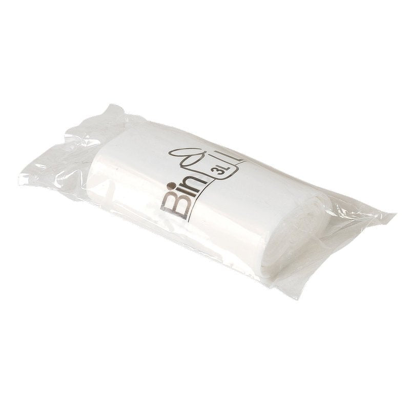 A roll of Abena Re-Seller GmbH Bin Line Bags 3 L, 290x350 mm, made of white LLDPE (10 my), in clear plastic with "Bin 3L" and a trash can icon. Contains 20 sturdy garbage bags per roll.