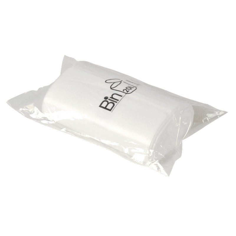 A transparent plastic packaging from Abena Re-Seller GmbH contains a roll of 20 white Bin Line bags 20 L (385x775 mm, 10 my LLDPE), which are sealed in the packaging and depicted on a plain white background.