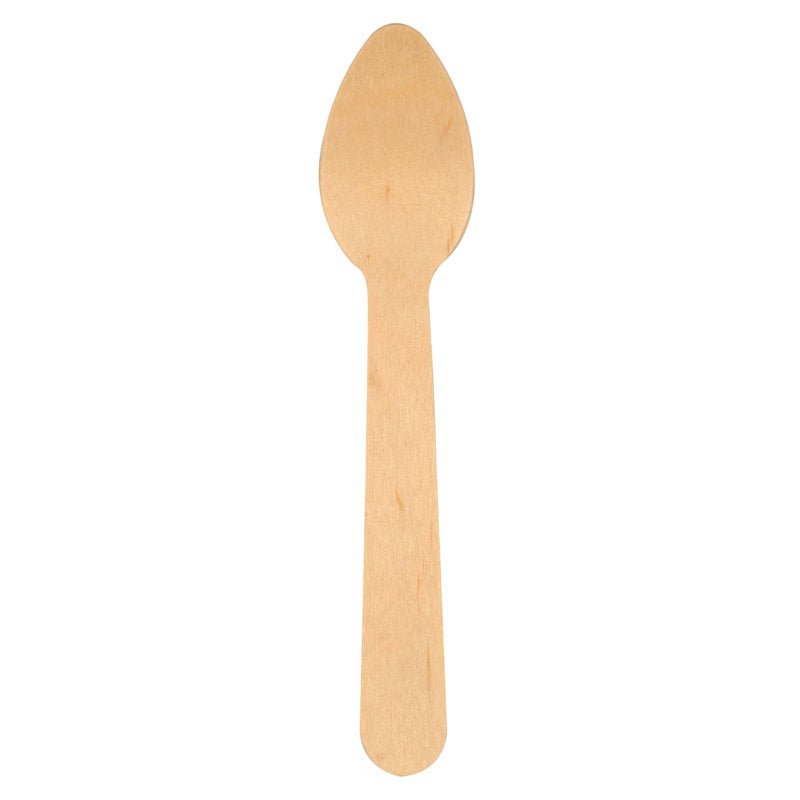The 11-cm-long wooden coffee spoon from Abena Re-Seller GmbH (pack of 100) stands out for its simple design; it is eco-friendly and biodegradable, and was photographed against a white background.
