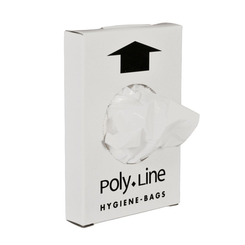 A white box labeled "Abena Re-Seller GmbH Hygiene Bags, 12.5 x 24.5 cm, 15 my HDPE, White" dispenses a bag from a round opening - ideal for organized and accessible waste disposal. Each box contains 25 packs.