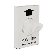 A white box labeled "Abena Re-Seller GmbH Hygiene Bags, 12.5 x 24.5 cm, 15 my HDPE, White" dispenses a bag from a round opening - ideal for organized and accessible waste disposal. Each box contains 25 packs.