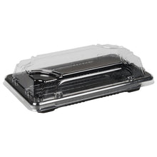 The Abena Re-Seller GmbH Sushi-to-go Combo Pack is a black, rectangular plastic food container with a transparent hinged lid, shown closed and empty, ideal for fresh sushi or takeout, depicted against a plain white background.