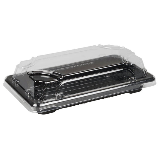 The Abena Re-Seller GmbH Sushi-to-go Combo Pack is a black, rectangular plastic food container with a transparent hinged lid, shown closed and empty, ideal for fresh sushi or takeout, depicted against a plain white background.