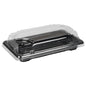 The Abena Re-Seller GmbH Sushi-to-go Combo Pack is a black, rectangular food container made of plastic with a transparent hinged lid, shown closed and empty, ideal for fresh sushi or takeaway, depicted on a plain white background.