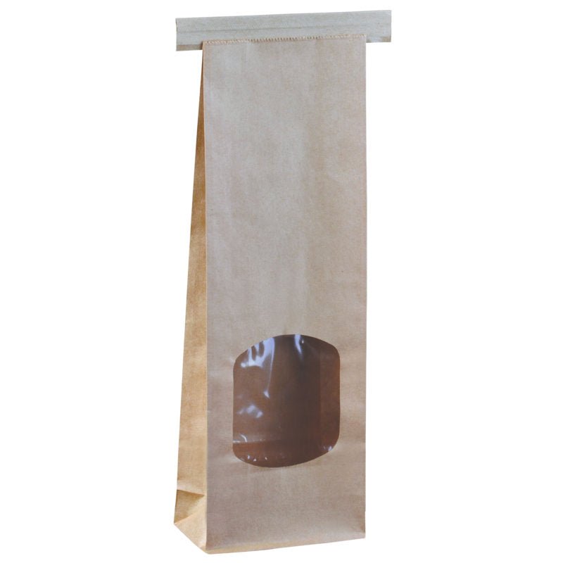 The closure bag with a viewing window from Abena Re-Seller GmbH is an upright, rectangular bag made of brown paper with a viewing window near the bottom edge - ideally presented against a white background.