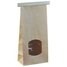 A tall, brown resealable pouch with a window from Abena Re-Seller GmbH stands upright on a white background. Its flat lid and the window on the front ensure an effective product presentation of the contents.