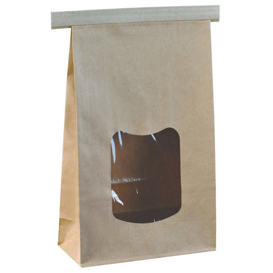 The resealable bag with a window from Abena Re-Seller GmbH, made of brown paper, stands upright against a white background—ideal for an attractive product presentation thanks to its rectangular window and fold-over closure.