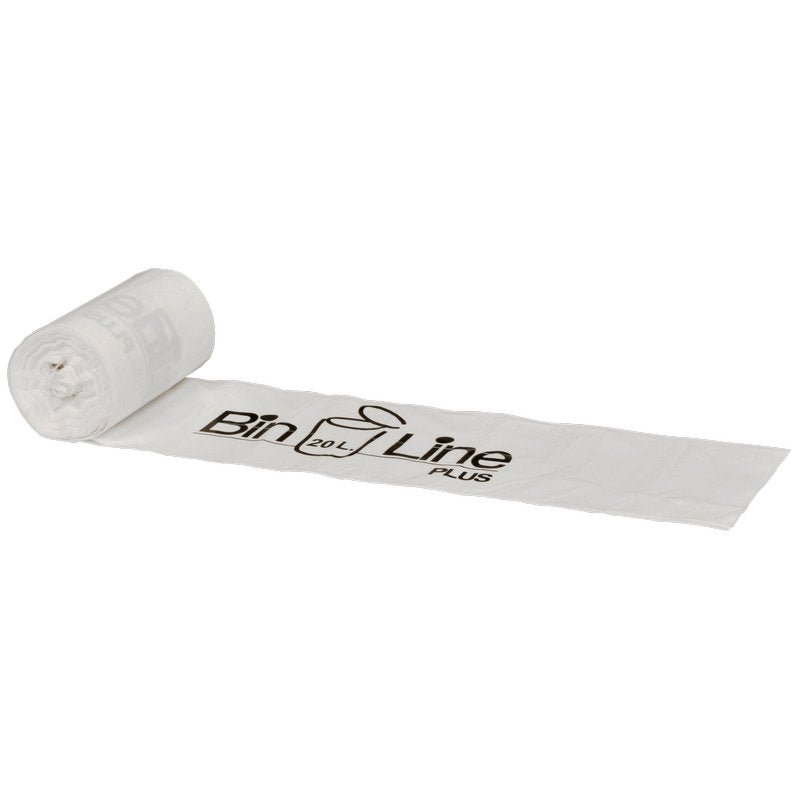 Pictured is a partially unrolled Abena Re-Seller GmbH Bin Line Bag Plus 20L (355x775 mm, 20 my LLDPE, White) roll with "Bin Line 20L PLUS" in black lettering on a white background. A roll contains 15 garbage bags - ideal for waste disposal.