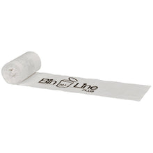 Pictured is a partially unrolled Abena Re-Seller GmbH Bin Line Bag Plus 20L (355x775 mm, 20 my LLDPE, White) roll with "Bin Line 20L PLUS" in black lettering on a white background. A roll contains 15 garbage bags - ideal for waste disposal.