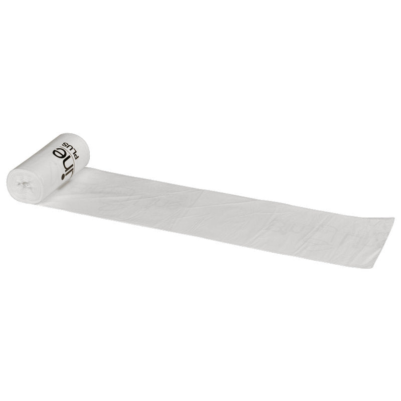 Pictured is a partially unrolled roll of Abena Re-Seller GmbH Bin Line Bag Plus 30 L (470x840 mm, 20 my LLDPE, White, roll with 15 bags) on a white background, with black lettering on the tear-resistant garbage bag.
