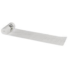 Pictured is a partially unrolled roll of Abena Re-Seller GmbH Bin Line Bag Plus 30 L (470x840 mm, 20 my LLDPE, White, roll with 15 bags) on a white background, with black lettering on the tear-resistant garbage bag.