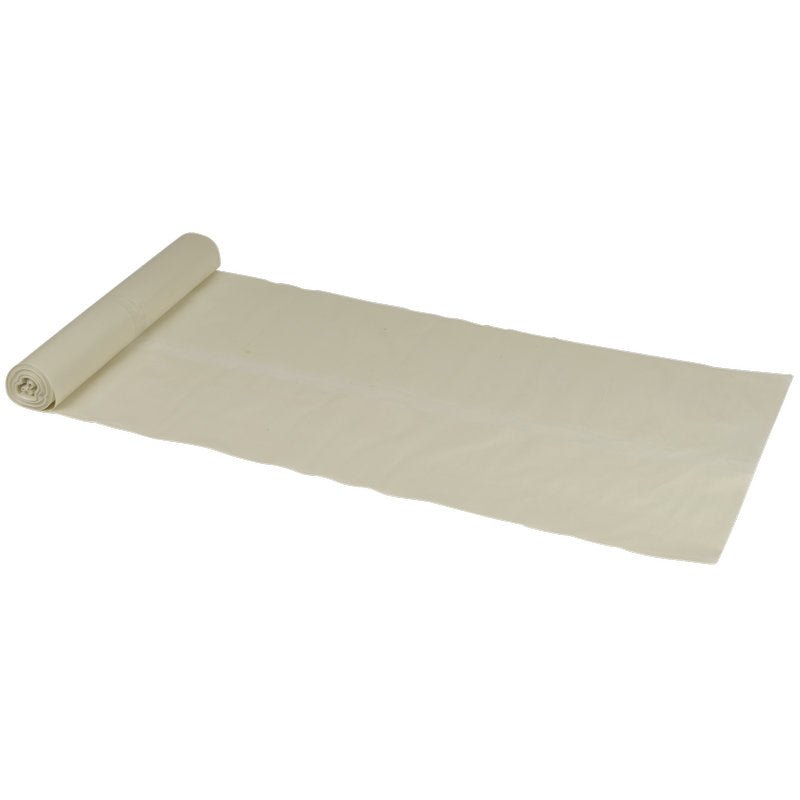 A roll of cream-colored fabric is partially unrolled on a flat surface - ideal for lining with Abena Re-Seller GmbH trash bags 120 L, 700x1100 mm, 45 my LDPE, Transparent (roll with 10 bags) for additional cleanliness and comfort.