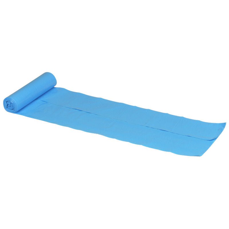 A roll of Abena Re-Seller GmbH garbage bags for Sækko Boy 40, 35 my LLDPE is partially unrolled on a white background, with two flat blue plastic plates protruding from the roll.