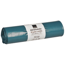 The rolled-up blue Abena Re-Seller GmbH garbage bags 70L (575x1000 mm, 48 my LDPE) are equipped with a bilingual label and are delivered in a roll of 25 tear-resistant garbage bags. They offer reliable durability for daily waste needs.