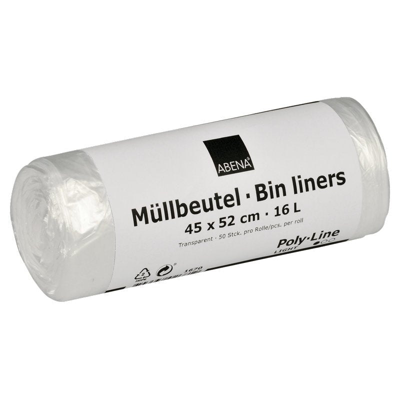 A mostly white roll labeled "Abena Re-Seller GmbH Trash Bags 16 L, 450x520 mm, 4.5 my HDPE, Transparent" contains 50 trash bags per roll.