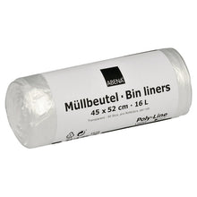 A mostly white roll labeled "Abena Re-Seller GmbH Trash Bags 16 L, 450x520 mm, 4.5 my HDPE, Transparent" contains 50 trash bags per roll.