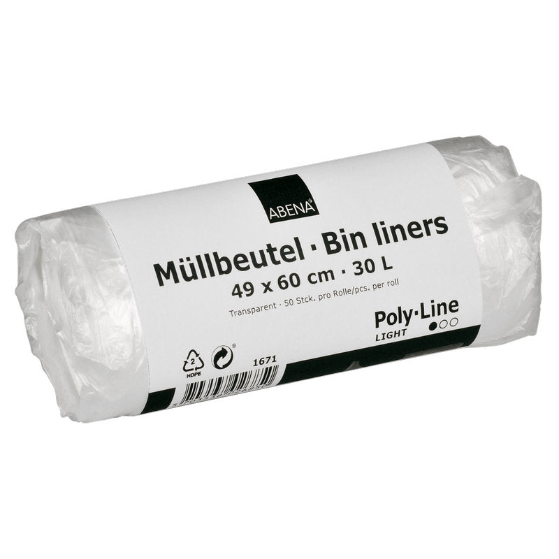 A roll of Abena Re-Seller GmbH garbage bags 30 L, 490x600 mm, 4.5 my HDPE, transparent (50 bags per roll) with a white label with product information in German and English.