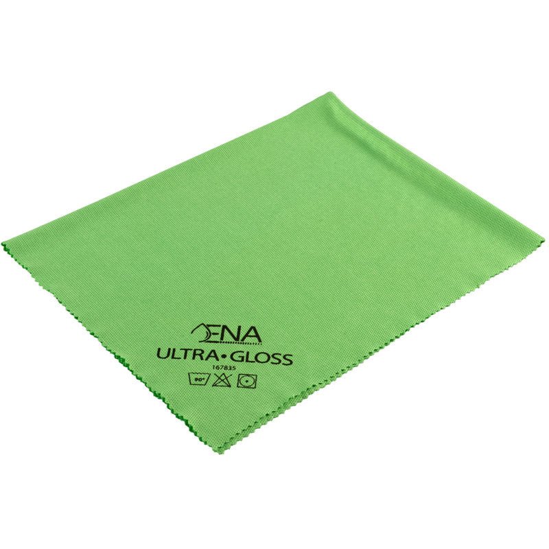The ENA Ultra Gloss window cloth from Abena Re-Seller GmbH, Green 40x40 cm, Pack (5 pieces), features ribbed edges and printed care symbols - perfect for window cleaning and streak-free windows.