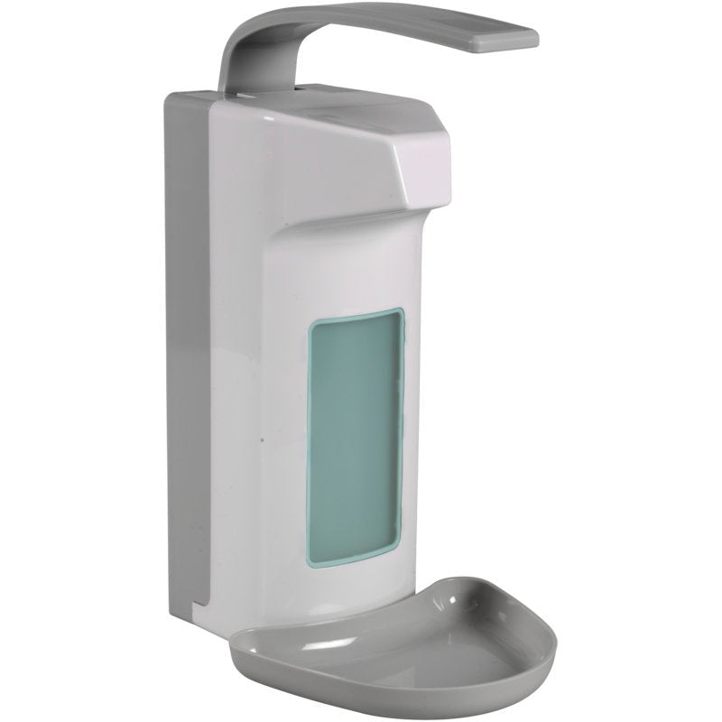 The Abena Re-Seller GmbH arm lever dispenser (1000 ml, plastic/white) is a wall dispenser with an upper lever, drip tray, and viewing window for easy monitoring of the soap level.