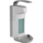 The Abena Re-Seller GmbH arm lever dispenser (1000 ml, plastic/white) is a wall dispenser with an upper lever, drip tray, and viewing window for easy monitoring of the soap level.