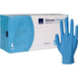 A pack of Abena Re-Seller GmbH Nitrile Gloves Classic, powder-free, blue, size Large - a single blue glove stands upright next to the white-blue packaging and is ideal for medical facilities.