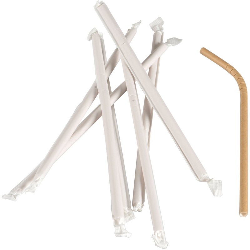 A pack (250 pieces) of 24 cm long, individually wrapped brown paper drinking straws (ø 6 mm) from Abena Re-Seller GmbH lies on a white background.