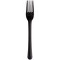 A single black reusable fork (18cm, PP) from Abena Re-Seller GmbH stands centrally on a white background. This eco-friendly and sustainable cutlery alternative has four tines and a slightly curved handle. Package: 50 pieces.