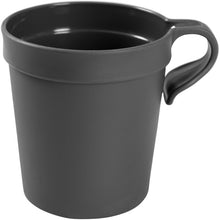 A simple, matte-black Abena Re-Seller GmbH reusable cup with a handle (25 cl, black, PP) is shown empty against a white background. The cup, which comes in a pack of 12, has a simple, unadorned design.