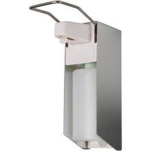 The Abena Re-Seller GmbH Arm Lever Dispenser AL500A (500 ml, Aluminum/White) is a wall-mounted dispenser with a transparent refill container and a long metal lever for easy application of soap or disinfectant. Delivered in a package.