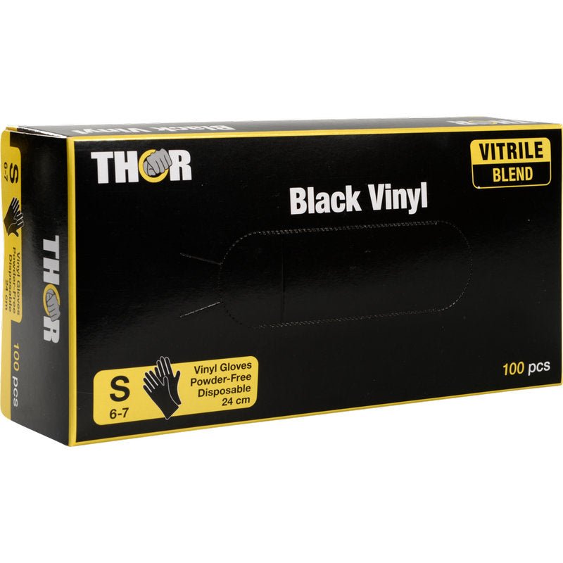 A box of Thor Black Vinyl, Vitrile Blend, Powder-Free from Abena Re-Seller GmbH, size S (6-7), contains 100 powder-free disposable gloves in black and yellow packaging.