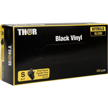 A box of Thor Black Vinyl, Vitrile Blend, Powder-Free from Abena Re-Seller GmbH, size S (6-7), contains 100 powder-free disposable gloves in black and yellow packaging.