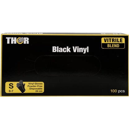 A 24 cm black-yellow box from Abena Re-Seller GmbH contains 100 small (6-7) powder-free Thor Black Vinyl, Vitrile Blend gloves.