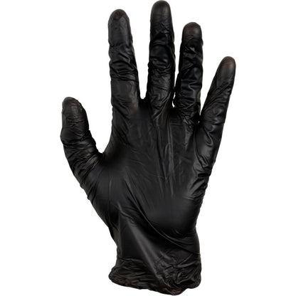 A raised right hand wearing a wrinkled black Thor Black Vinyl, Vitrile Blend, Powder-Free glove from Abena Re-Seller GmbH is shown against a white background.