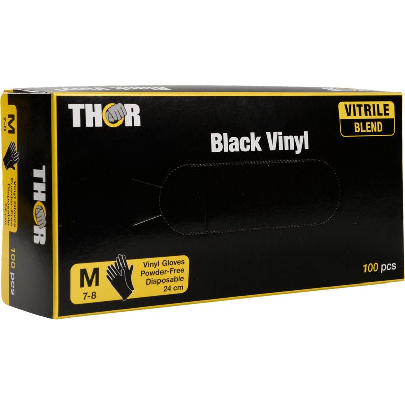 A black-yellow box with the inscription "Thor Black Vinyl, Vitrile Blend, Powder-Free" from Abena Re-Seller GmbH contains 100 medium-sized, powder-free disposable gloves. The packaging shows the Vitrile blend and contains size information and product images.