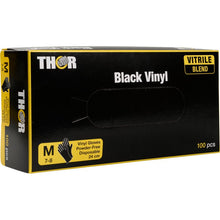 A black-and-yellow box labeled "Thor Black Vinyl, Vitrile Blend, Powder-Free" from Abena Re-Seller GmbH contains 100 medium-sized, powder-free disposable gloves. The packaging shows the Vitrile blend and includes size information and product images.