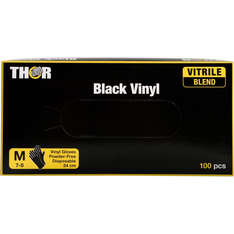 A box of Thor Black Vinyl Vitrile Blend, powder-free from Abena Re-Seller GmbH, size M (7-8), disposable, 24 cm long, contains 100 pieces. The predominantly black box has yellow accents and text.